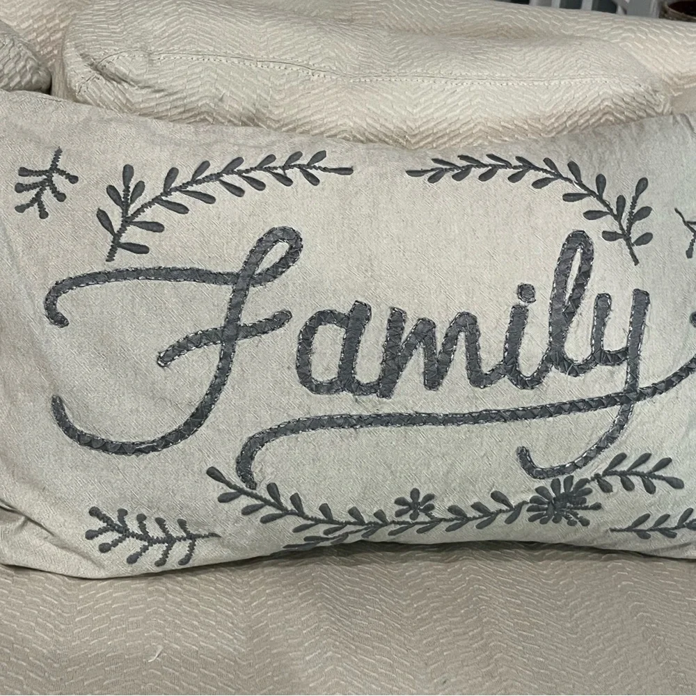 Pottery Barn Gray and Cream "Family"  LumbaR Pillowcase 16x26 (NO INSERT) - Picture 2 of 8